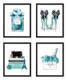Poster Master 4-Piece Fashion Print - Turquoise Blue Designer Poster - Handbag, Shoes & Perfume Art - Chic Gift for Her & Fashionista - Decor for Bedroom or Girl's Room - 8x10 UNFRAMED Wall Art
