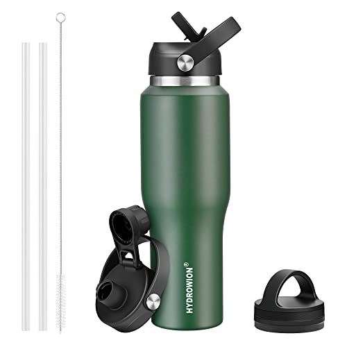 Image of HYDROWION Water Bottle Insulated,32oz Water Bottles Straw Lid, Spout Lid and Flex Cap, Tumbler Flask (Cold for 48 Hrs, Hot for 24 Hrs), Leakproof Travel Thermo Mug, Fit Any Car Cupholder, Olive