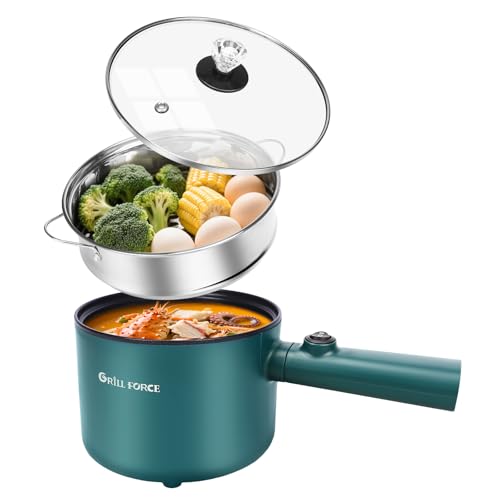 GRILL FORCE Electric Hot Pot with Steamer, 1.8L Ramen Cooker, Portable Cooking Pot Non-Stick Sauté Pan, Electric Pot for Pasta, Egg, Steak, BPA Free,Dual Power Control, Suit Dorm Room, Travel,RV,Hotel