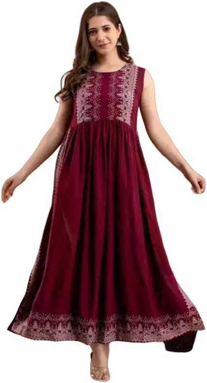 GenericBS Fashion Women Flared Casual Maxi Dress Cape Sleeves with Floral Print (Maroon)