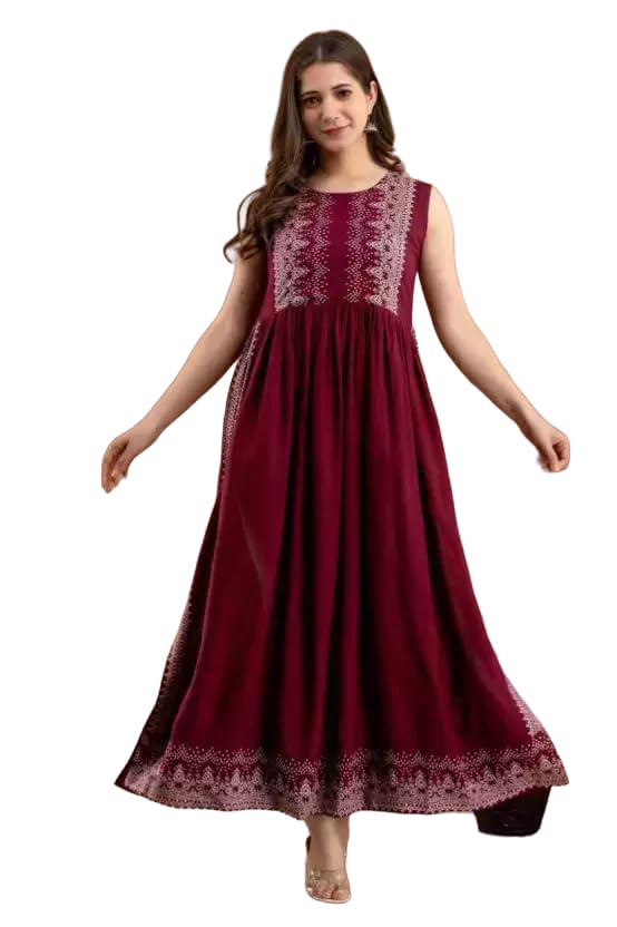 GenericBS Fashion Women Flared Casual Maxi Dress Cape Sleeves with Floral Print (Maroon)