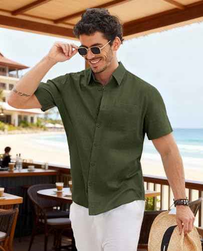 Image of COOFANDY Men's Button Down Short Sleeve Shirt Casual Cotton Summer Beach Wedding Linen Shirts with Pocket