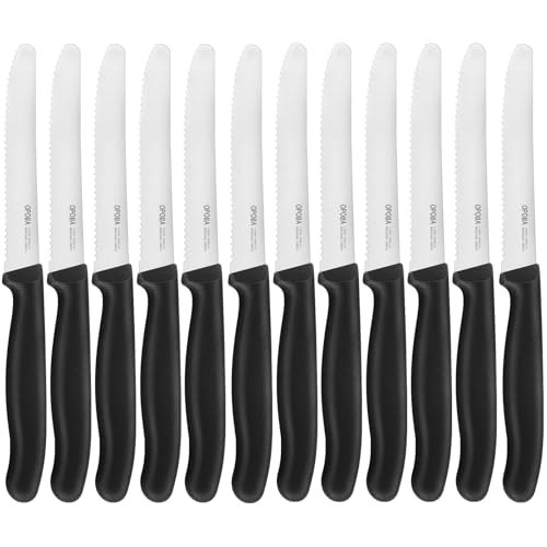 OPOLIA 12 Stück Brötchenmesser, schwarz,Wellenschliff Tomatenmesser，Hochwertiger Rostfreier Stahl Frühstücksmesser，Sehr scharfes Tafelmesser,Spülmaschinenfest.