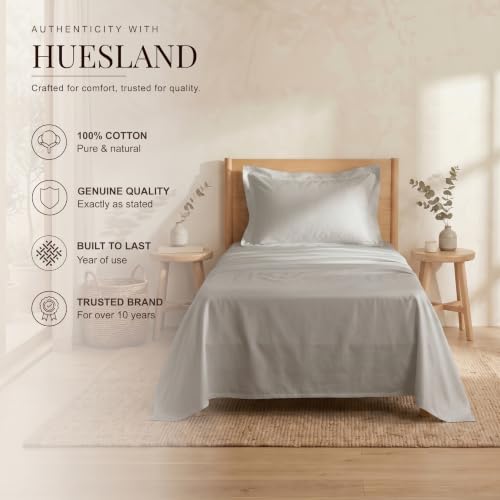 Image of Huesland Luxury 300 TC Pure Cotton Sateen Weave Single Bedsheet Set - Soft, Durable & Stylish | Glacier Grey | 88 x 55 inches