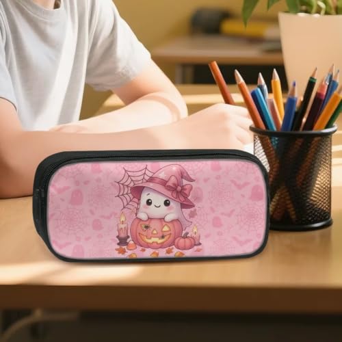 Image of Pencil Case, Pen Pouch Bag for Kids Students School Supplies | Pink Kawaii Ghost Print,polyester fabric,wear-resistant and easy to clean,zipper design gift for boys and girls