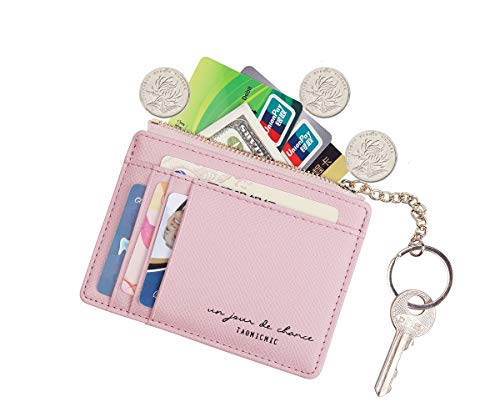Women Slim Leather Card Case Holder Small Wallet Cute Coin Purse Girl Mini Wallet with Keychain (Pink)