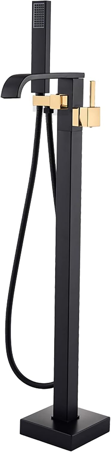 HADECOLL Freestanding Black And Gold Tub Faucet Floormounted Bathtub Mixer With Hand Shower Brass Singlehandle Shower Tap Elegant Bathroom Fixture,Style B