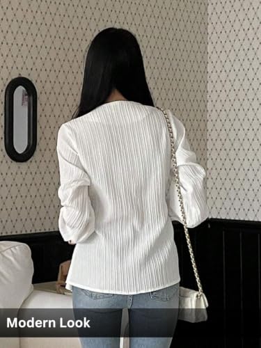 Image of Leriya Fashion Women's V-Neck Pleated Tunic Top - Long Sleeve Drawstring Waist Summer Blouse, Lightweight Casual Shirt for Office, Travel, Daily