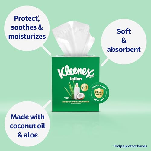 kleenex lotion facial tissues with coconut oil 3 flat boxes 120 tissues per box 3-ply