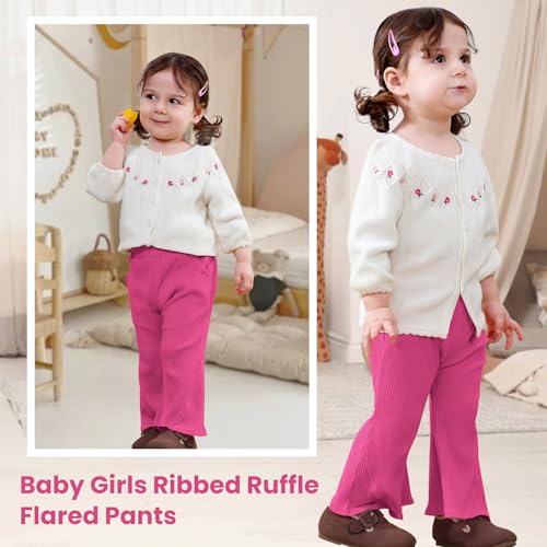 2 Pack Baby Girl Pants Toddler Ribbed Bell Bottoms with Pockets Stretchy Solid Ruffle Newborn Girl Flare Leggings4