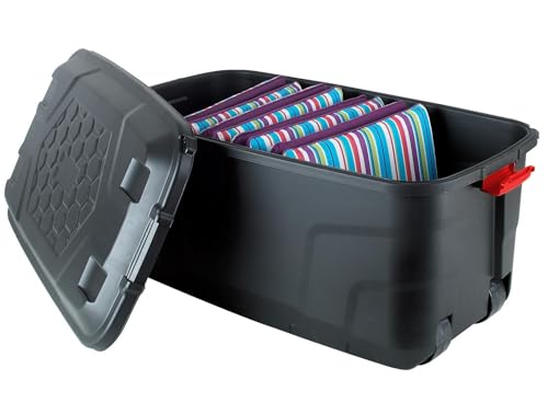 Heavy Duty Large Storage Box with Lid, 145L, Lockable, Indoor/Outdoor, Wheeled, Black with Red Handles – Image 3