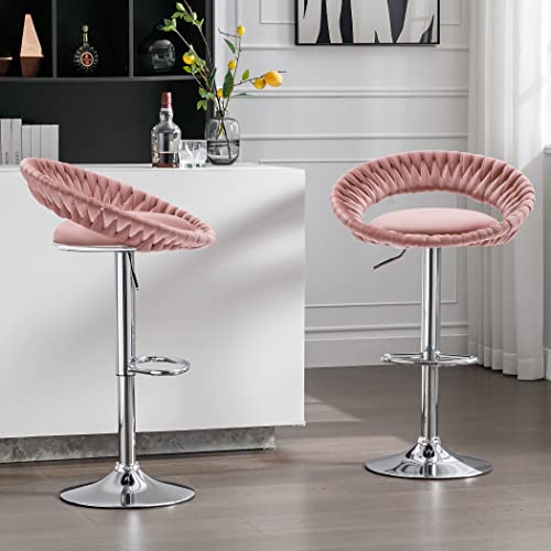 Jonpony Woven Velvet Bar Stools Set Of 2, Height Adjustable Counter Height Bar Stools With Thicken Cushion, Woven Upholstered Kitchen Counter Chairs With Silver Metal Base For Pub, Kitchen, Cafe #TOP28