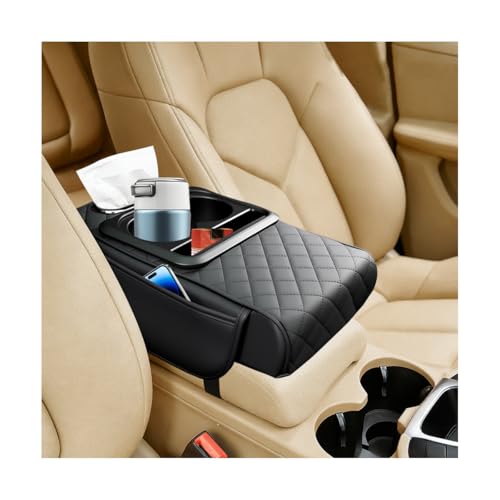 FALVFUN Car Center Console Armrest Box Mat Nappa Leather Armrest Box Cover with Tissue Box Cup Holder & Phone Holder Middle Console Arm Rest Protection Pillow Universal for Vehicles (Black)