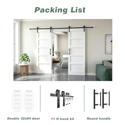 Image of FREDBECK White Barn Door 64x80 (Double 32in x 80in) with Hardware Kit & Handle Included,5-Panel Interior Doors,Water-Proof PVC Surface,Pre-Drilled Holes,Need Assembly