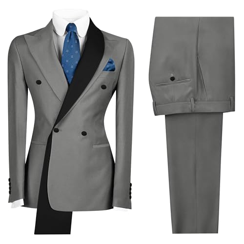 CKGJLJ Suits for Men Slim Fit 2 Piece Prom Grey Mens Suit Double-Breasted Suit Tuxedos Formal Wedding Groom Suits Shawl Collar Casual Blazer Jacket and Pants Set Fashion L Men's Tuxedos