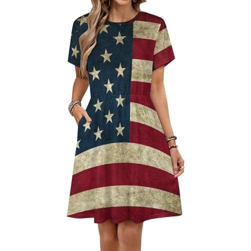 KAOEOSI Rustic American Flag Women's Short Sleeve Dress Summer Round Neck A Line Dresses with Pockets L