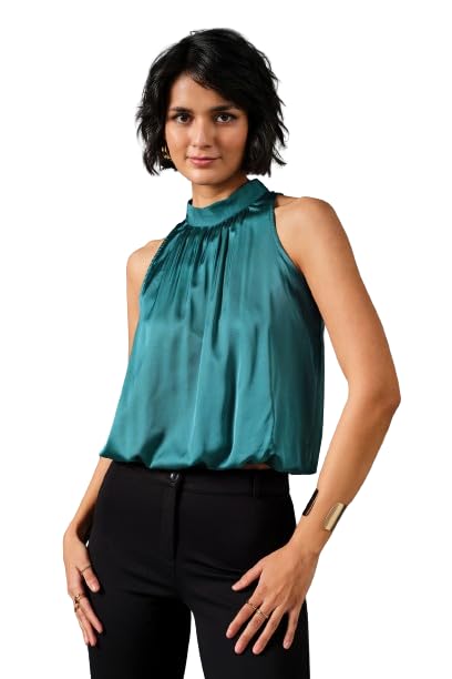 Image of Women's Pink Satin Sleeveless High-Neck Top | Elegant Shiny Office Wear Blouse for Ladies | Stylish Halter Neck Satin Top for Formal, Casual & Evening Outfits