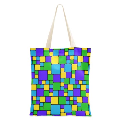 Colorful Squares Blue Green Small canvas tote bag for women with handles Reusable Tote Bag Canvas Totes for Daily Use Bolsa de lona