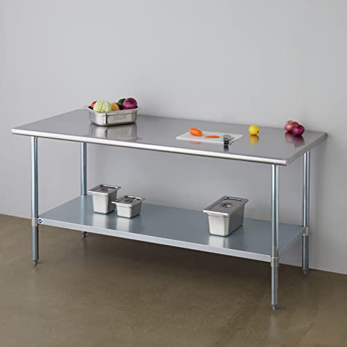 Image of ROCKPOINT Stainless Steel Table for Prep & Work 30x72 Inches, NSF Metal Commercial Kitchen Heavy Duty Table with Adjustable Under Shelf and Table Foot for Restaurant, Home and Hotel, Silver