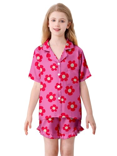 Umeyda Girls Satin Silky Collar V Neck Ruffle Short Sleeve Top and Shorts Sleepwear PJs, Rose Red Flower, 9-10 Years2