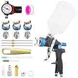 HVLP Spray Gun Kits, Paint Sprayer with 3 Nozzles 1.4/1.7/2.5mm Nozzle & Pressure Gauge& Oil-Water Separator, 600ML Cup, Gravity Feed Air Spray Gun for House, Fence, DIY (Blue)