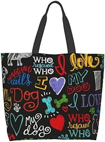 Animal Novelty I Love My Dog Reusable Tote Bag Women Large Casual Handbag Shoulder Bags for Shopping Groceries Travel Outdoors