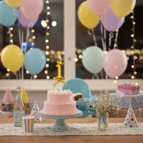 Image of Rozi Decoration Number 1 Birthday Candle for Cake with Crown Design | Gold Metallic Number Candle with Stick | Cake Topper for Kids, Baby and Family Birthday Celebration