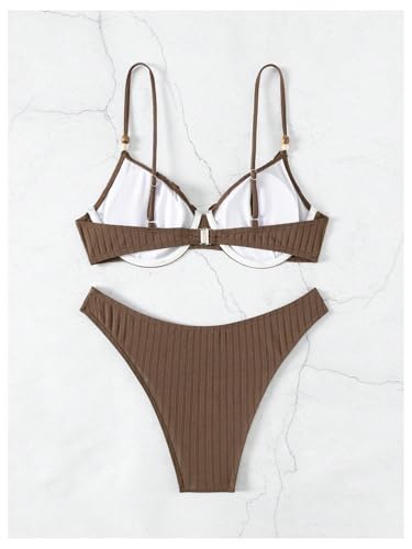 SweatyRocks Women's Spaghetti Strap Underwire Bikini Set Frill Ribbed Bathing Suit Two Piece Swimsuits2