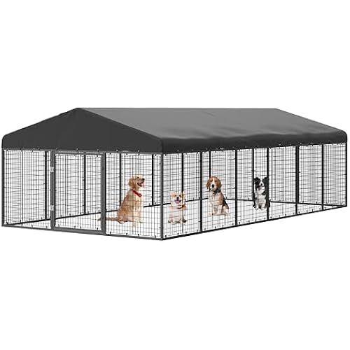 Petony Large Outdoor Dog Enclosure,Heavy Duty Dog Cage with Roof,Galvanized Steel Dog Kennel Fence with Double Safety Locks(19.68'x 9.84')