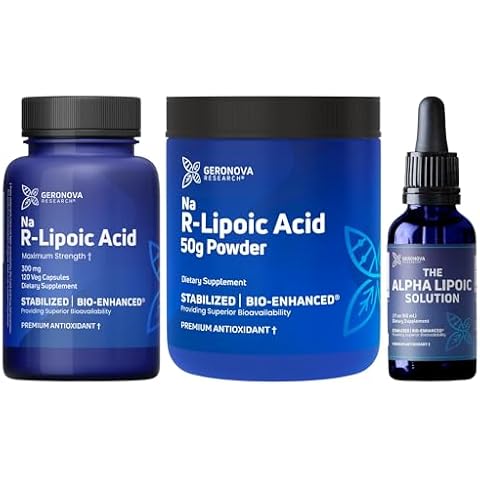 Geronova Research R-Lipoic Acid 300mg 120 Caps, Bio-Enhanced Na R-Lipoic Acid 50g Powder and The Alpha Lipoic Solution Bundle Cover