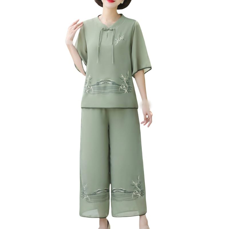 FWSHANGMAO Trajes De 2 Piezas De Gasa De Verano para Mujer, Blusas Chinas Y Pantalón Corto De Pierna Ancha, Elegante Traje De Invitada De Boda, Traje De Pantalón para Madre De La Novia