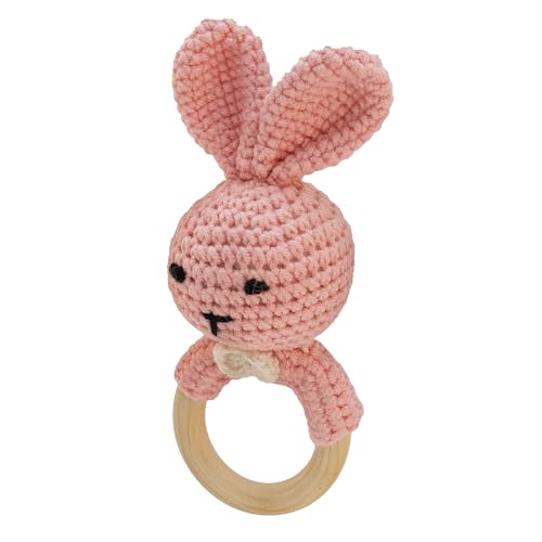 BABYZOCO Sonajero bebe, Sonajero de conejo, juguete recién nacido, sonajero madera, regalo para bebe, sonajero bebe recién nacido, mordedor de madera, Algodón y madera, Diseño conejo, 17 cm, Rosa