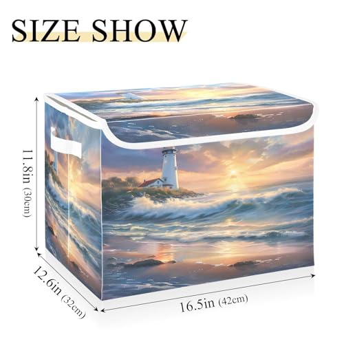 Image of senya Large Storage Bins with Linen Collapsible Foldable Storage Cubes Fabric Closet Organizer Containers box with Flip-Top Lid for Home Bedroom Office 16.7 x 12.6 x 11.8in (Seaside Scenery)