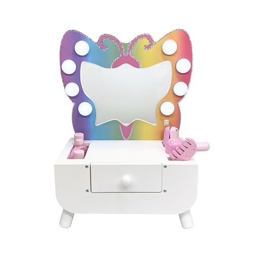 Teamson Kids Colorful Butterfly-Shaped Tabletop Vanity with LED-Illuminated Mirror and 6-pc. Accessory Set