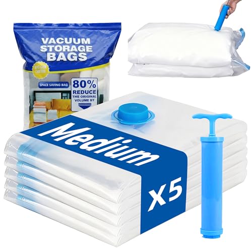 Velvaria Vacuum Storage Bags for Clothes 5 Pack 50x70cm Reusable Space Saver Compression Bags for Travel and Moving Heavy-Duty Quality with Double-Zip Seal Hand Pump Included