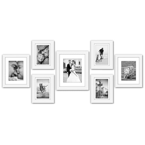 Americanflat Set of 7 Picture Frames with Shatter-Resistant Glass - Gallery Wall Frame Set with One 11x14, Two 8x10 and Four 5x7 Frames - Signature Collection - White