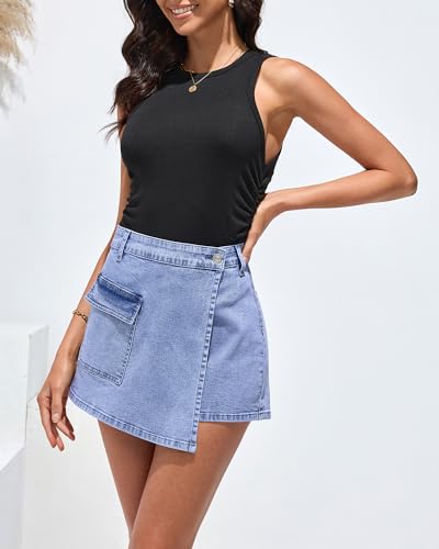 luvamia Saia jeans feminina cargo Faux Wrap Jean Skort Saia elástica cintura alta Shorts Country Con