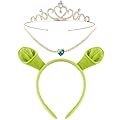 Hifot 3 Pezzi Cerchietto Halloween Adulto Bambino Cerchietti per Capelli con Orecchie Peluche Corona Principessa Cristallo Collana Accessori per Cosplay Costume Orco Verde Halloween