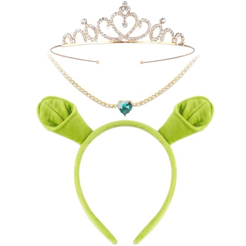 Immagine prodotto: Hifot 3 Pezzi Cerchietto Halloween Adulto Bambino Cerchietti per Capelli con Orecchie Peluche Corona Principessa Cristallo Collana Accessori per Cosplay Costume Orco Verde Halloween