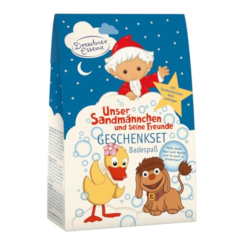 Dresdner Essenz Badespaß Geschenkset mit Sandmännchen und seinen Freunden für Kinder ab 1 Jahr | 3x pflegende Badezusätze und Holzanhänger in Sandmännchenfigur