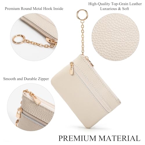 Full Grain Leather Coin Purse with Keychain - 2 Zippered Pockets Mini Coin Pouch Card Holder Keychain Pouch Keychain Wallet - Small Change Purse for Women and Men (Off White)4