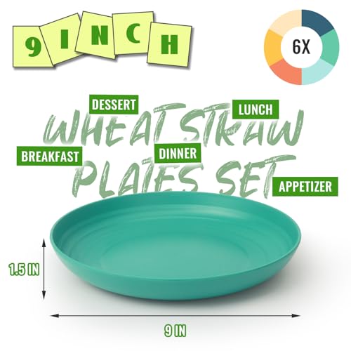 Image of Wheat Straw Plates Set of 6, 9In Plastic Plates Reusable for Kids | Unbreakable Dinner Plate for Camping, Dishwasher & Microwave Safe Plates for Kitchen - Mutilcolor