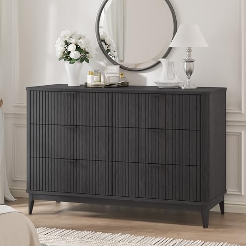 MYLFStylish Fluted 6 Drawer Dresser,53'' Wide Large Storage Chest of Drawers,Wooden Storage Organizer Drawer Dresser,Modern TV Stand for Bedroom,Livingroom Black