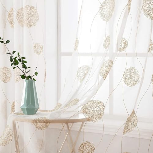 MIULEE Tenda per Camera da Letto, Tende Voile con Oro Ricamata Motivo, Tende Bianche Trasparenti con Occhielli, Tenda Finestra Interni per Casa Soggiorno e Salotto 2 Pezzi,2XL 140 x A 260 cm