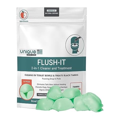 Unique Flush-It 2-in-1 RV Black Tank Treatment and Toilet Bowl Cleaner Drop-In Pods - 15 Uses Per Bag - Full Black Tank Treatment and RV Toilet Cleaner - (15 Foaming Pods) Cover
