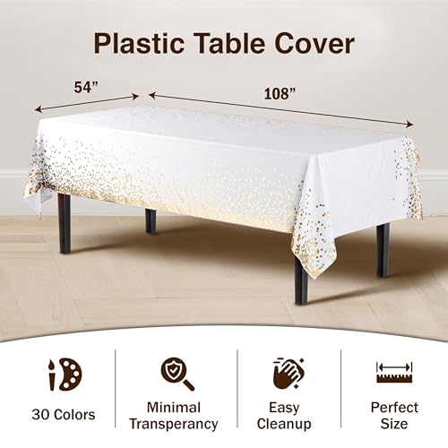 Image of Party Solids White & Gold Dot Rectangular Plastic Tablecloth - 54x108 Inch, Pack of 24