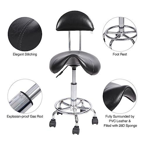 Alapur Rolling Saddle Stool With Back Support,Ergonomic Swivel Saddel Chair Hydraulic Adjustable Stool For Dentist Spa Massage Salon Hairdressers,Black #TOP3