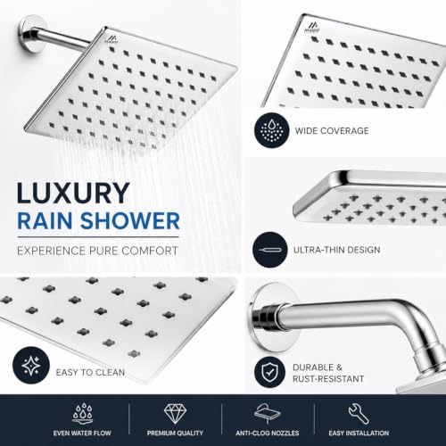 Image of Maipo Curve 4 Inch Square Rain Shower Head, Stainless Steel (SS) High Pressure Overhead Bathroom Shower Head, Chrome Finish, Anti-Clog Silicone Nozzles, Easy Installation