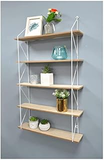 spot on dealz® 5 Tier Modern white floating decorative hanging shelves with MDF Oak wood and metal wire frame bookshelves industrial wall mounted display shelving unit, Living Room furniture