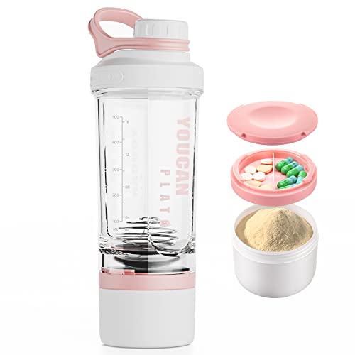 YOUCAN PLATO Shaker Proteinshake,Protein Shaker,Eiweiß Shaker Mit Pulverfach und Kugel,Shake Becher,Fitness Shaker,Schüttelbecher,Shaker Flasche Spülmaschinenfest,BPA frei, mit Tritan,620ML-Rosa